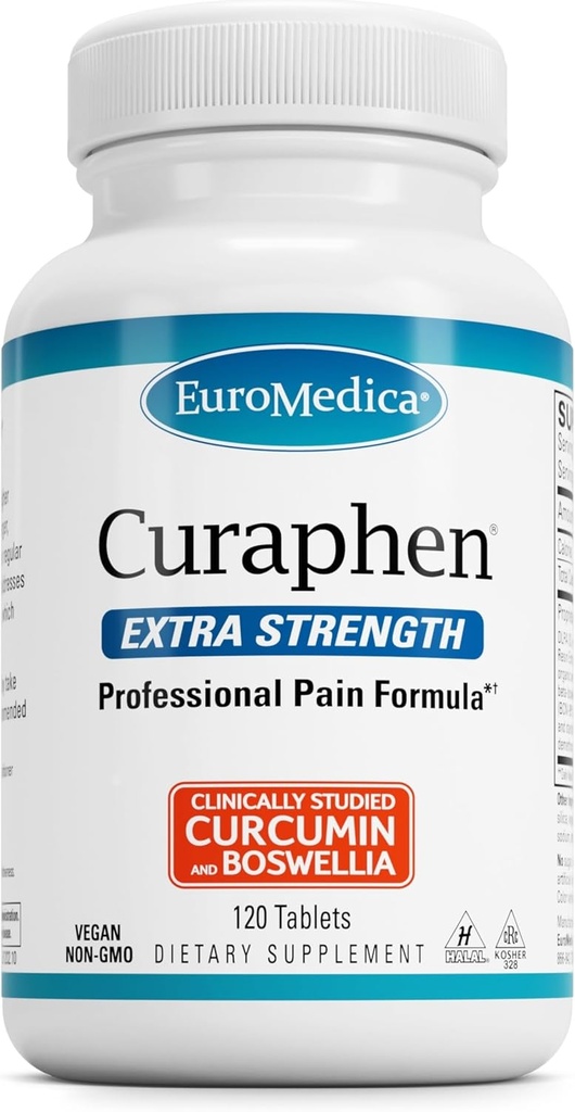 EuroMedica Curaphen Extra Strength - Curcumin & Boswellia Supplement for sund cirkulation Support - Gurkemeje supplement til støtte Joints, Muscle Health & Enphin Production - 120 tabletter