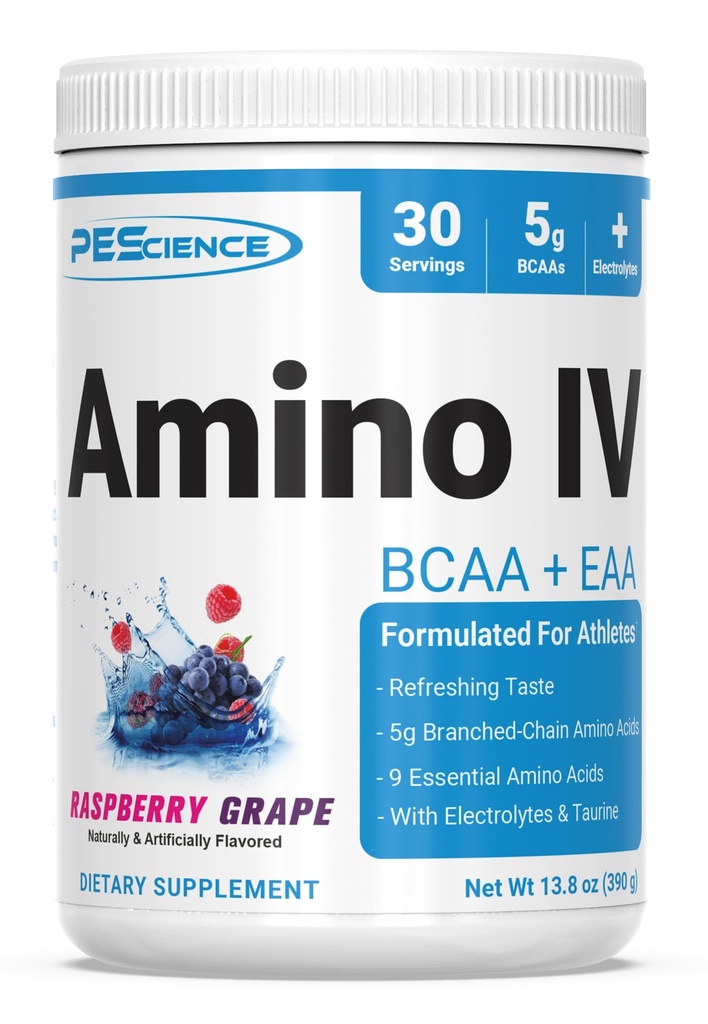 PEScience Amino IV BCAA & EAA Powder, Essential Aminosyrer, Taurine, Elektrolytter til hydrering og muskel Inddrivelse, Sukker fri for mænd og kvinder, Post træning - Raspberry Grape - 30 Tjenester
