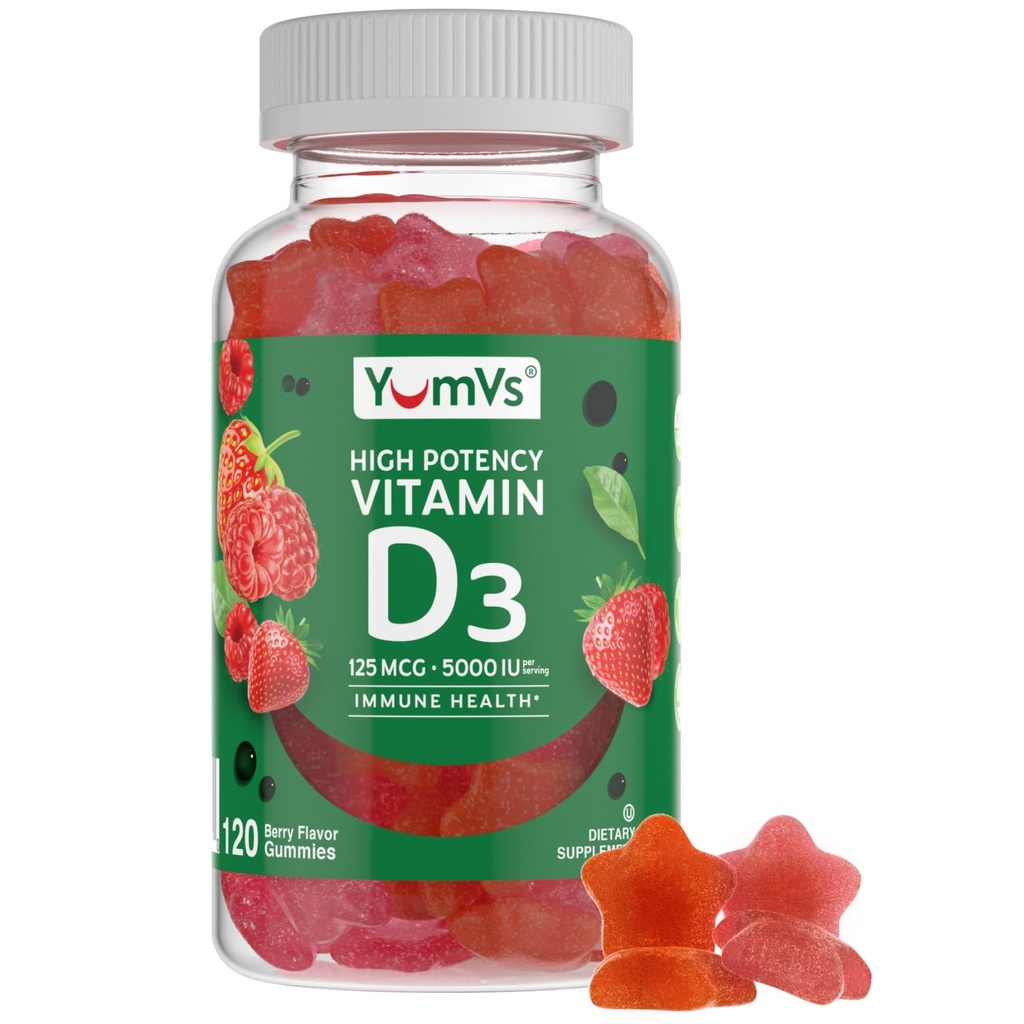 Vitamin D3 Gummies 5000 IE 125mcg D3 Gummies - Support Immunsupport, Stærk Bone Health - Non- GMO, Gluten- Free, Dairy- Free, Vitamin D Gummy (120 Greve)