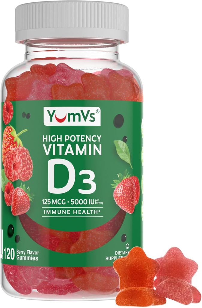 Vitamin D3 Gummies 5000 IE 125mcg D3 Gummies - Support Immunsupport, Stærk Bone Health - Non- GMO, Gluten- Free, Dairy- Free, Vitamin D Gummy (120 Greve)