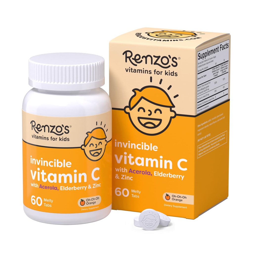 Renzos uovervindelige C-vitamin til børn med Elderberry og zink, opløselige Kids Vitaminer til immunforsvar, 60 Orange- smag Melty Tabs