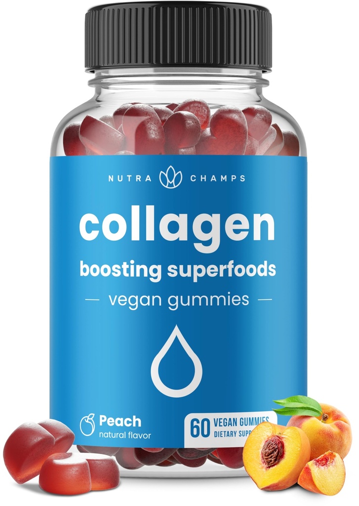 NutraChamps Collagen Boosting Gummies, Collagen Booster Gummy til naturlig Collagen produktion, Vegan Pectin Kosttilskud Chews for kvinder & mænd, 60 Peach Vitamin Gummies