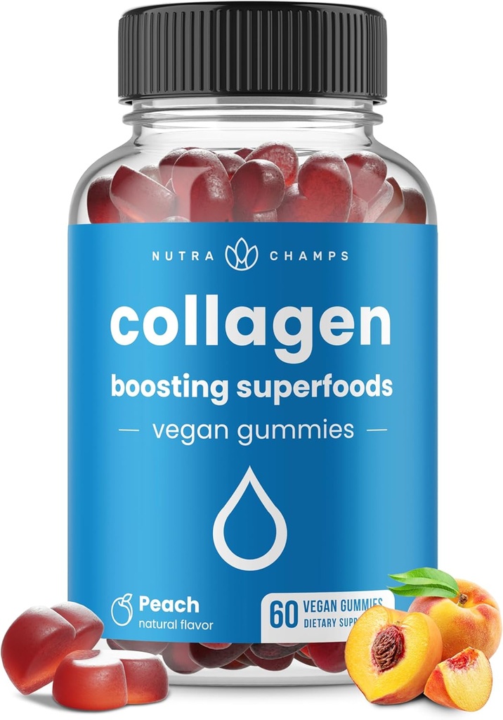 NutraChamps Collagen Boosting Gummies, Collagen Booster Gummy til naturlig Collagen produktion, Vegan Pectin Kosttilskud Chews for kvinder & mænd, 60 Peach Vitamin Gummies