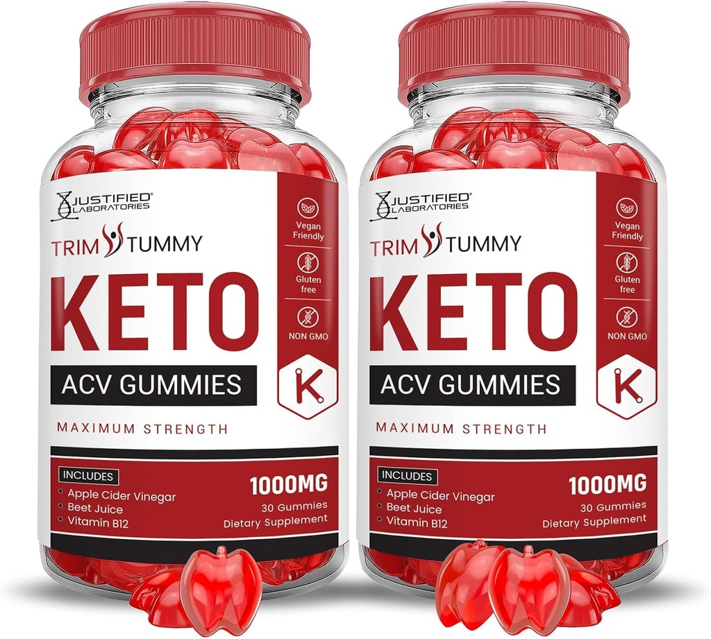 Justified Laboratories (2 Pack Trim Tummy Keto ACV Apple Cider Vinciate Formulated with Pomegranate Beet Juice Powder B12 Vegan Non GMO 120 Gummies
