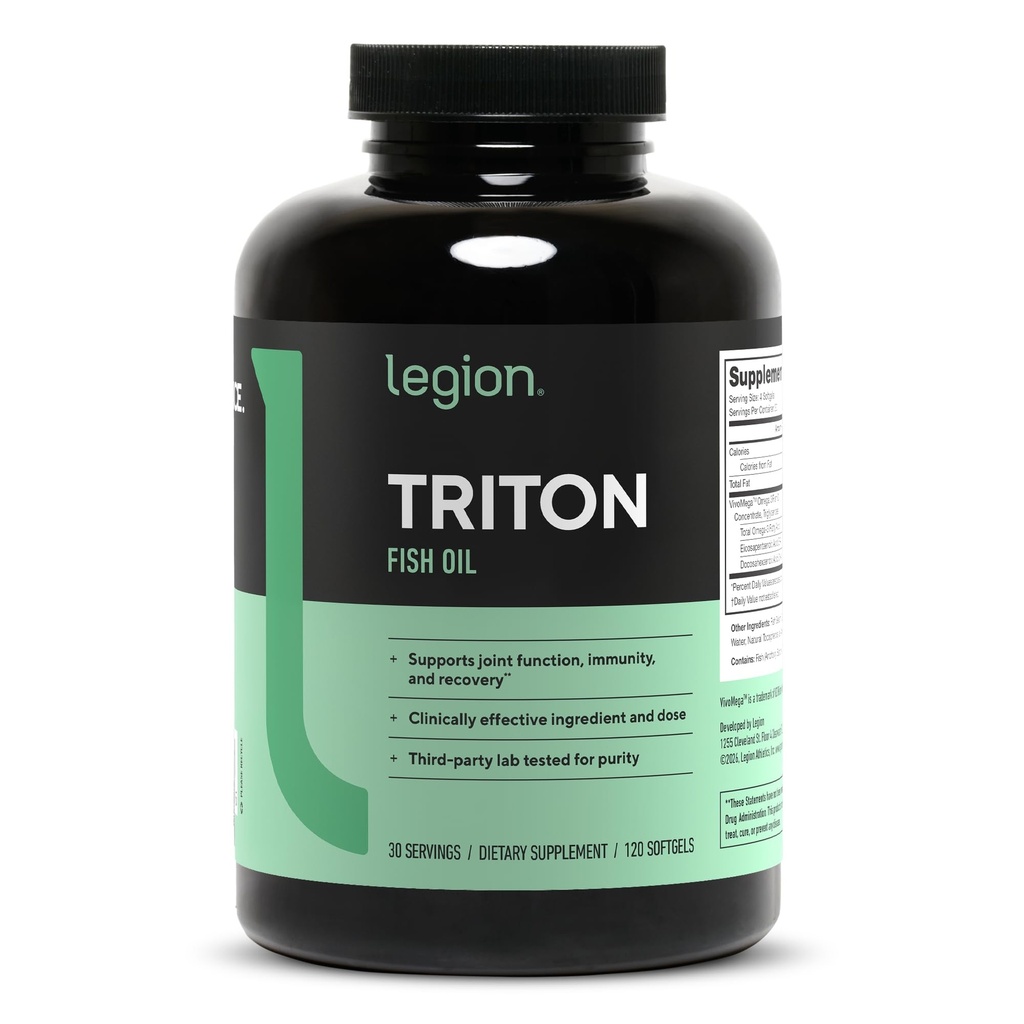 LEGION Triton Fish Oil Capsules - Triple Strength Omega 3 essentielle fedtsyrer med E-vitamin & Lemon Oil til maksimal absorption, friskhed & renhed - 2400mg EPA & DHA Per Serving, 30 Svgs