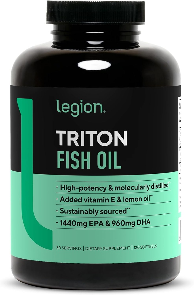 LEGION Triton Fish Oil Capsules - Triple Strength Omega 3 essentielle fedtsyrer med E-vitamin & Lemon Oil til maksimal absorption, friskhed & renhed - 2400mg EPA & DHA Per Serving, 30 Svgs