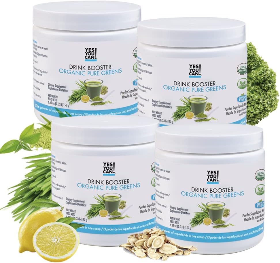 Yes You Can! Drink Booster - Organic Greens Superfood Powder Drink Mix - 4 Pack with Alfalfa Grass, Wheatgrass, Kale, Barley Grass, Lemon Juice Powder - Rich in Antioxidants, Vitamins and Minerals.
