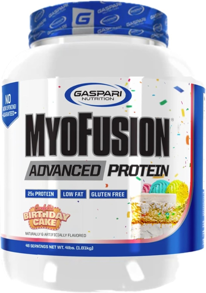 Gaspari Nutrition Myofusion Advanced Protein, Protein Blend with Whey Protein, Casein Protein and Isolate Protein, Low Fat and Gluten Free (Fødselsdagskage, 4 Pound)