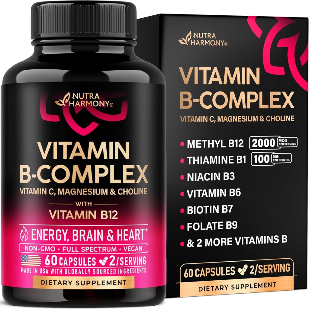 B-vitaminkompleks til mænd og kvinder - Riboflavin B2, B12, B1, B3, B5, B6, B7, B8, B9; C-vitamin, cholin, Inositol - B- Complex supplement - Energi, hjerne og hjerte support - Made in USA, 60 Vegan Caps
