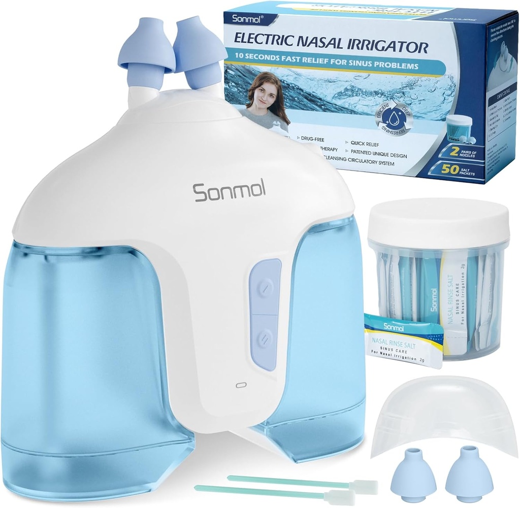 Sonmol Electric Nasal Vandingssystem (Nasal Vanding, Blå), Næse Cleaner til Sinus Voksen, Self- Rengøring Nasal Cleaner med 50 Pakker Saline