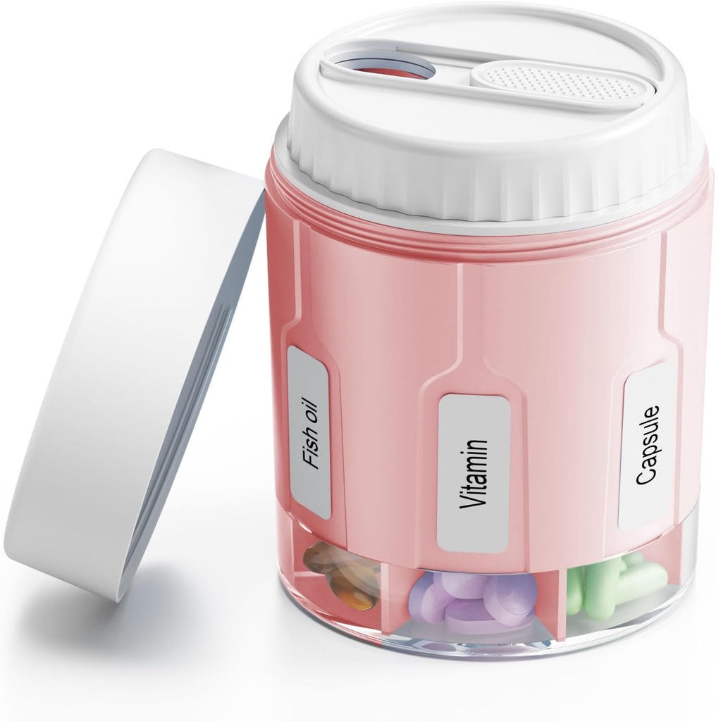 Daviky Pill Flaske Organizer, supplement Organizer med 7 store kompartmenter, Travel Pill Dispenser Round Pill Box med to låg Hvidt