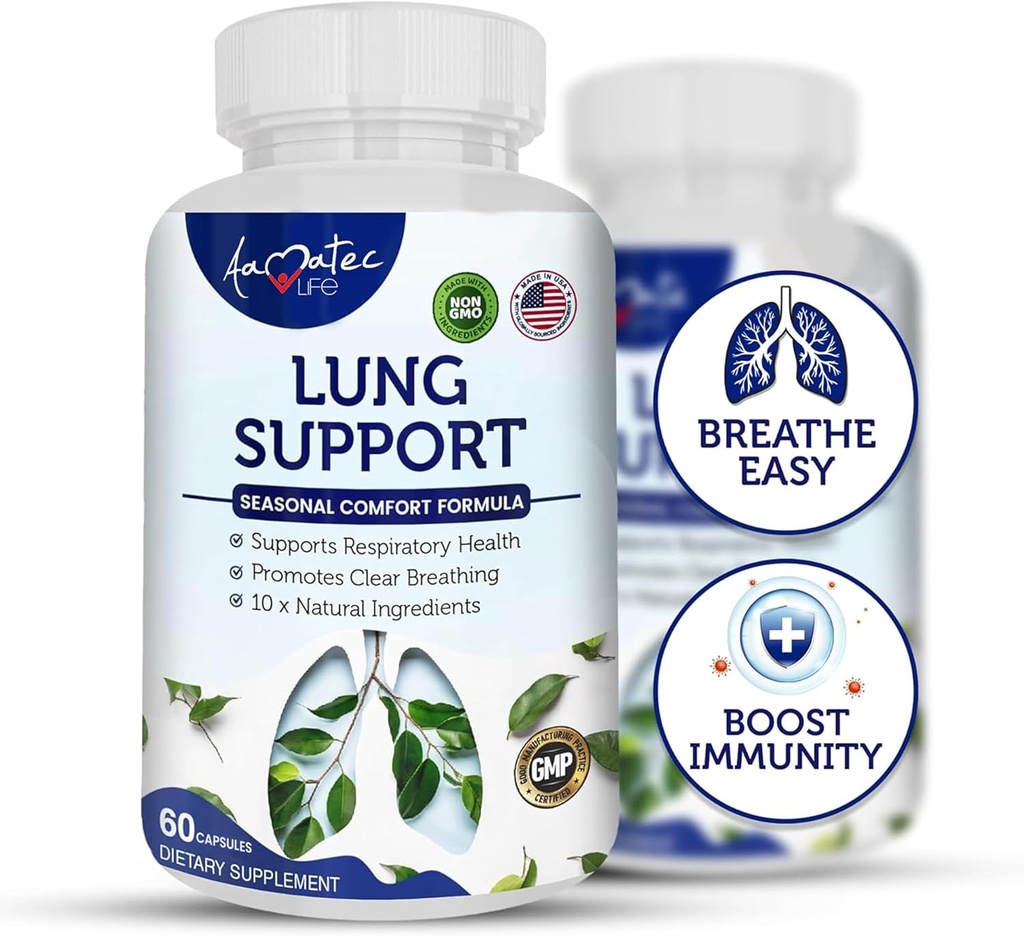 Lung Support Dietary Supplements Herbal Breathing Support 10 Active Ingredients Original Formula for Lung Health Lung Cleanse Formula Supplement for Bronchial System 60 Capsules Non GMO
