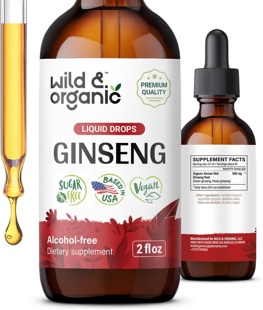 Wild & Organic Koreansk Rød Ginseng Extract Drops - Panax Ginseng supplement til immunforsvar - Flydende Root tinktur for total Well- Being - Vegan, Sukker & Alkohol- Free - 2 fl oz