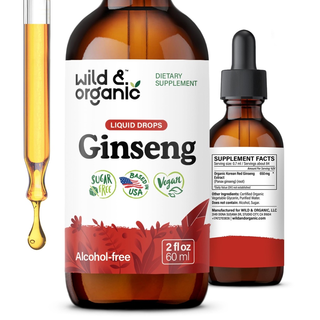 Wild & Organic Koreansk Rød Ginseng Extract Drops - Panax Ginseng supplement til immunforsvar - Flydende Root tinktur for total Well- Being - Vegan, Sukker & Alkohol- Free - 2 fl oz