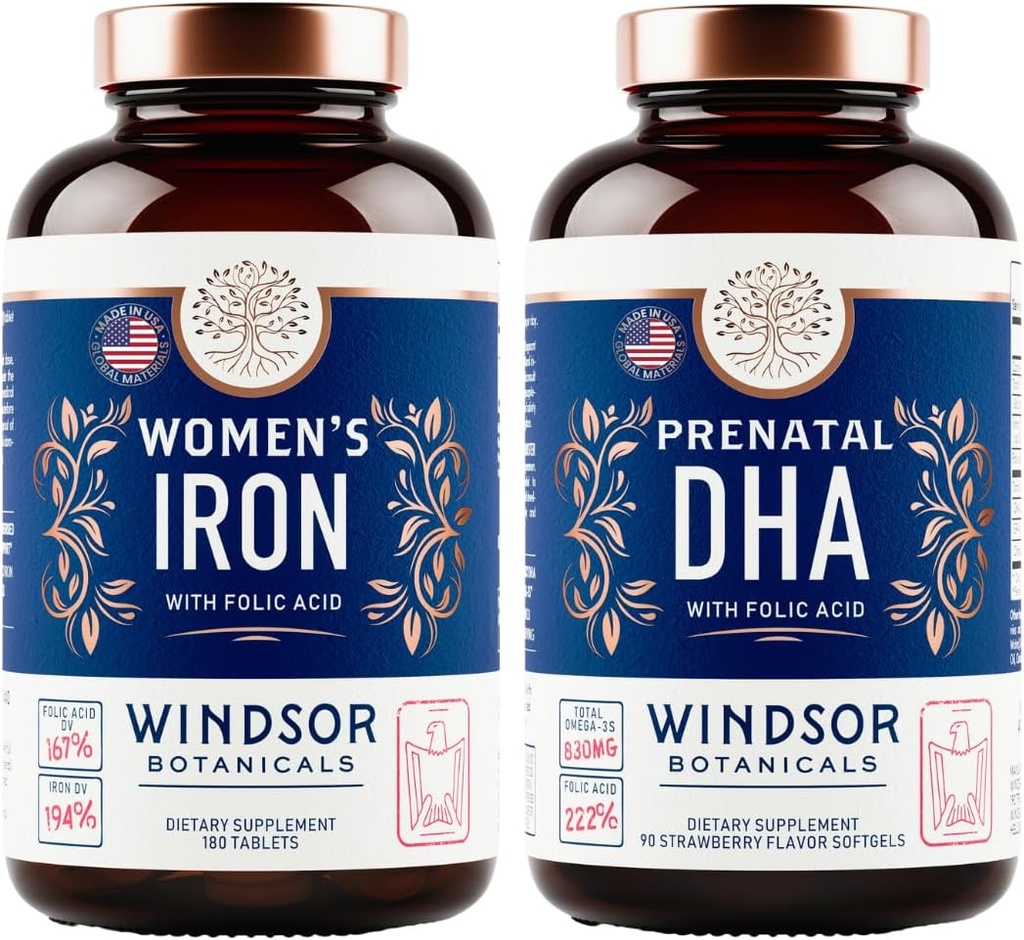 WINDSOR BOTANICALS Prenatal DHA og jernpiller til kvinder med folinsyre - Prenatal Vitamin Bundle