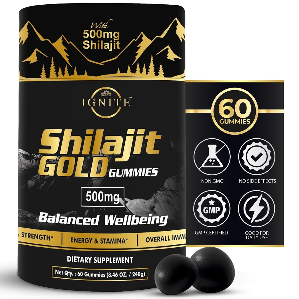 Pure Himalayan Shilajit Gummies - 75% + Fulvic Acid, høj potens Gold Grade - Blend for energi, Vitality & immunsupport, Rejser - Venlig, Tamarind Flavor - 60 Gummies