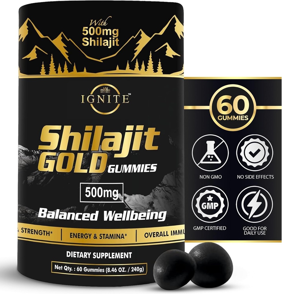 Pure Himalayan Shilajit Gummies - 75% + Fulvic Acid, høj potens Gold Grade - Blend for energi, Vitality & immunsupport, Rejser - Venlig, Tamarind Flavor - 60 Gummies