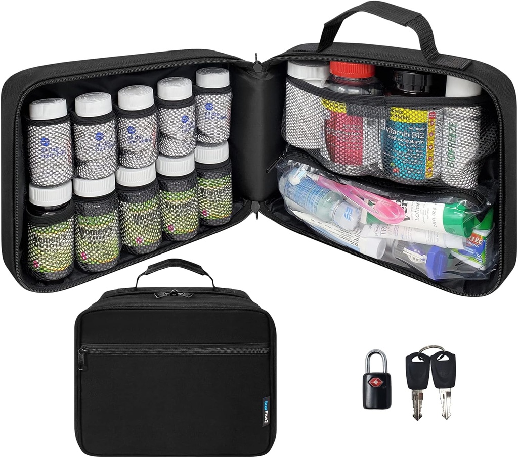 Stor polstret pilleflaske Organizer, Medicine Bag, Case, Carrier for Medicin, Vitaminer, og Medicinske forsyninger - Rejse Medicin Organizer og Home Storage Med Bag - Sort (med TSA Lock)
