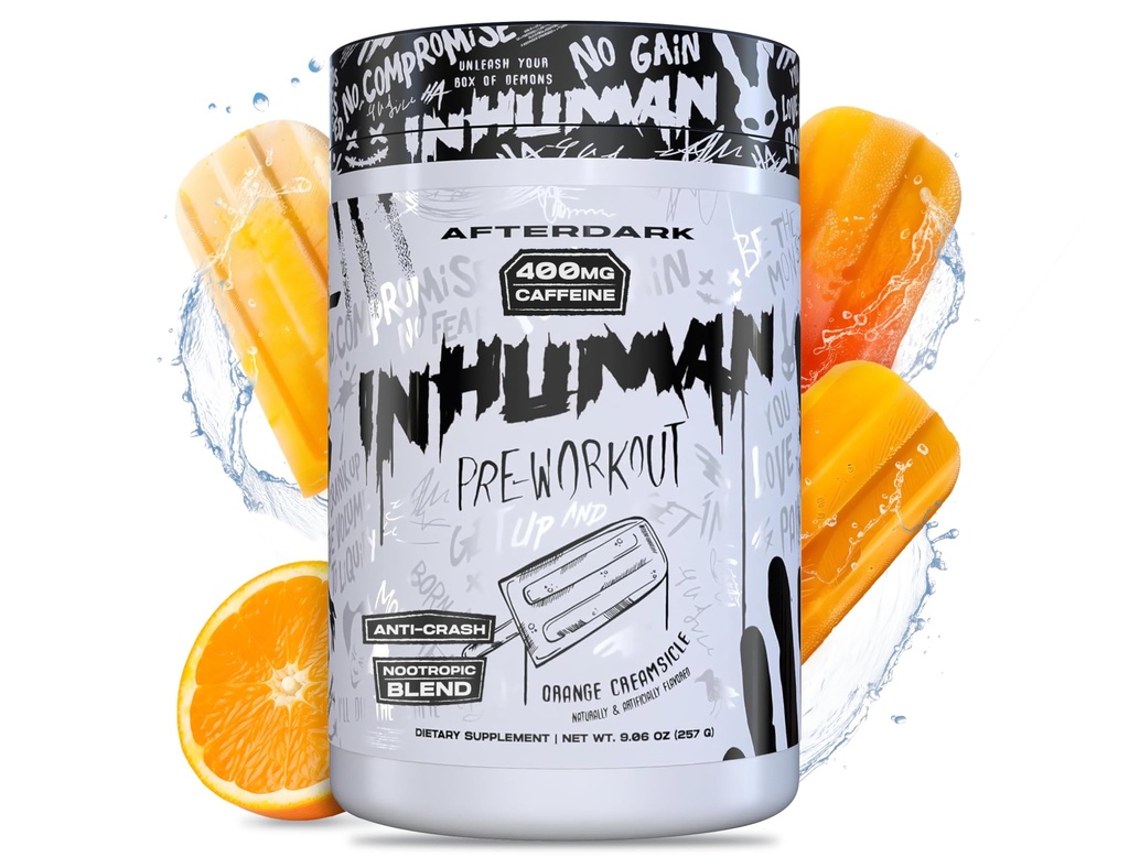 AFTERDARK INHUMAN Pre- Workout Powder, Forbedret Mind- Muscle Connection, Vedvarende energi, Potent Nootrope Blend, Vegan, Gluten- Free, Soy- Free, 400mg Koffein, No Crash, Orange Creampsicle
