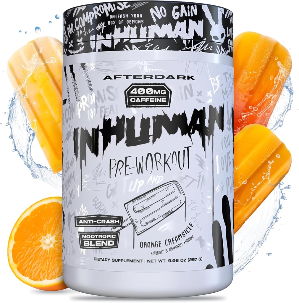 AFTERDARK INHUMAN Pre- Workout Powder, Forbedret Mind- Muscle Connection, Vedvarende energi, Potent Nootrope Blend, Vegan, Gluten- Free, Soy- Free, 400mg Koffein, No Crash, Orange Creampsicle