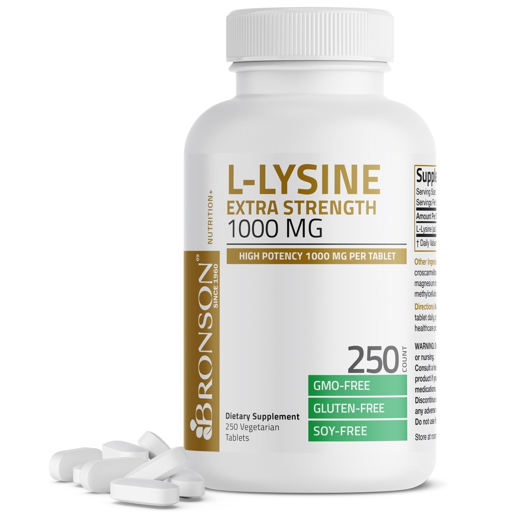 Bronson L- Lysin Extra Strength 1000 MG per tablet høj potens, immunforsvar & støtter Collagen Syntese, Non- GMO, 250 vegetariske tabletter