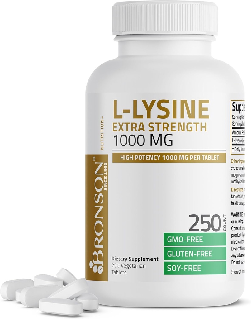 Bronson L- Lysin Extra Strength 1000 MG per tablet høj potens, immunforsvar & støtter Collagen Syntese, Non- GMO, 250 vegetariske tabletter