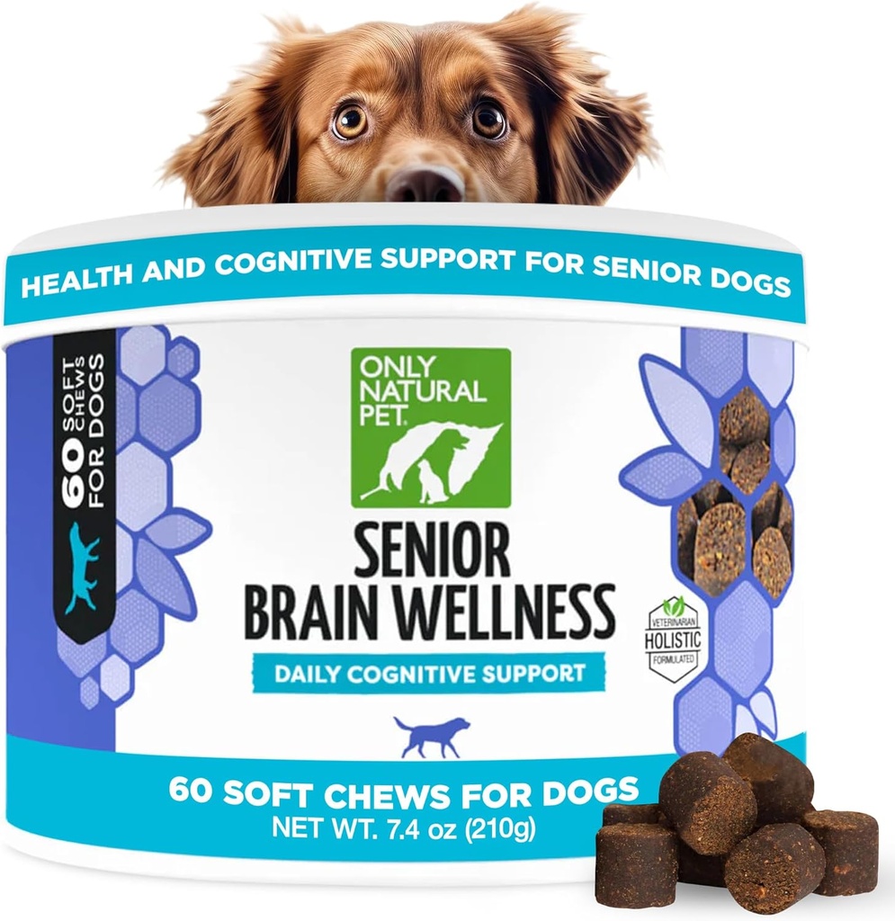 KUN NATURLIG PET Senior Brain Wellness Hund Chews - Små, Medium & Large Breeds, Tandløse & Ældre Hunde, Soft Chicken & Bacon Flavor Snacks, Bagte Treatings - 60 Greve