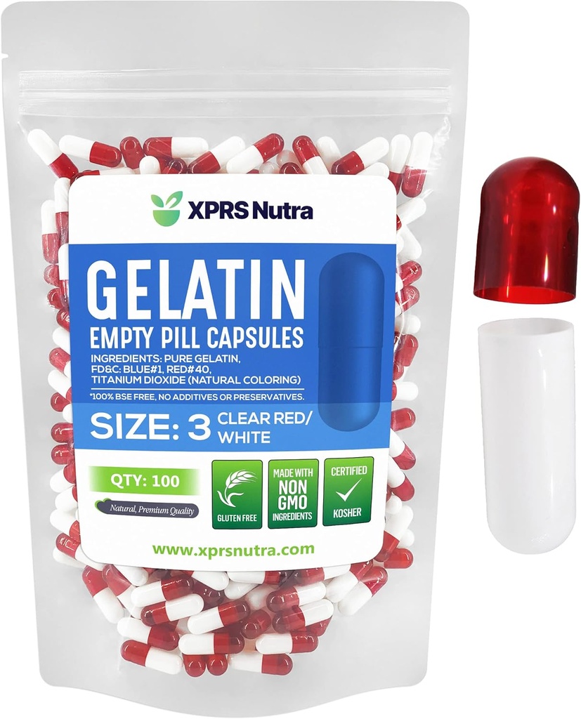 XPRS Nutra Size 3 Empty Capsules - 100 Count Empty Gelatin Capsules - Pills DIY Capsule Filling - Pure Bovine Pill Gel Caps Fillable for Do-It-Yourself Vitamins and Supplements (Clear Red/White)