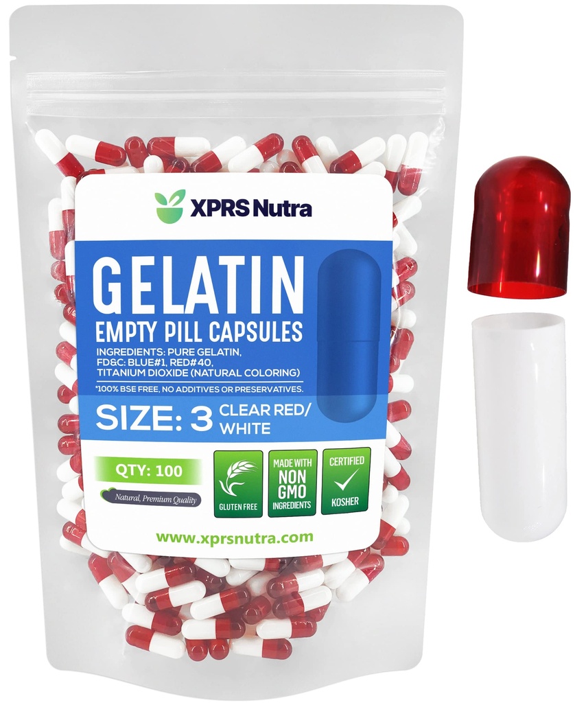 XPRS Nutra Størrelse 3 Tomme kapsler - 100 Tomme Gelatine kapsler - Piller gør det - Pure Bovin Pill Gel Caps Fyldelig til Do- It- Yourself vitaminer og kosttilskud (Clear Red / White)
