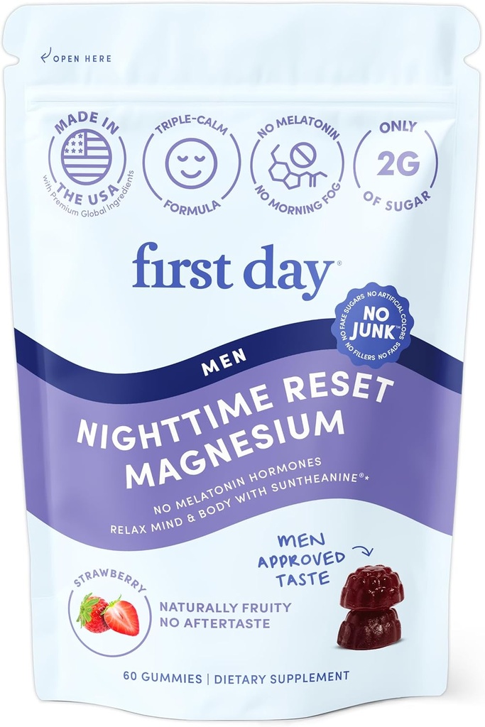 Første dag Mænds Nighttime Reset Calming Magnesium Gummies - Sleep Aid Understøtter Fredelig Hvile, Balanceret Mood & Energi - tillæg med Magnesium Citrate, L-Theanine & No Melatonin - 30-Day Supply
