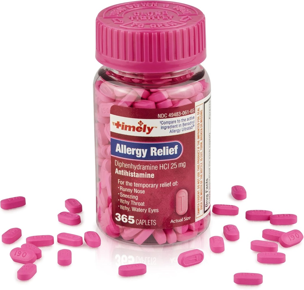 Timevis Allergi Relief Diphenhydramin HCl 25 mg - 365 Caplets - Sammenlignet med Benadryl Allergy Ultratab - Antihistamin - Allergi Medicin - Runny Næse Relief for voksne - Watery Eyes Treatment