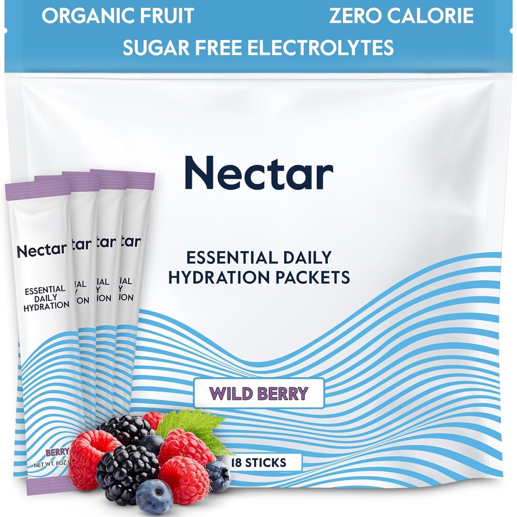 Nectar Hydration Pakninger - Elektrolyter Powder Pakninger - Ingen sukker eller kalorier - Organic Fruit Liquid Daily IV Hydrate Pakninger til dehydrering Relief og hurtig rehydrering (Berry 18 Pack)