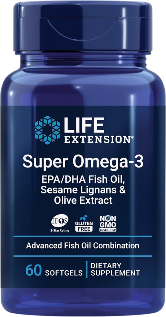 Life Extension Super Omega-3 EPA / DHA Fish Oil, Sesame Lignans & Olive Extract - Heart Health, Brain Health, Inflammation Health Support, Cholesterol Health Support, Gluten- Free, Non- GMO, 60 Softgels