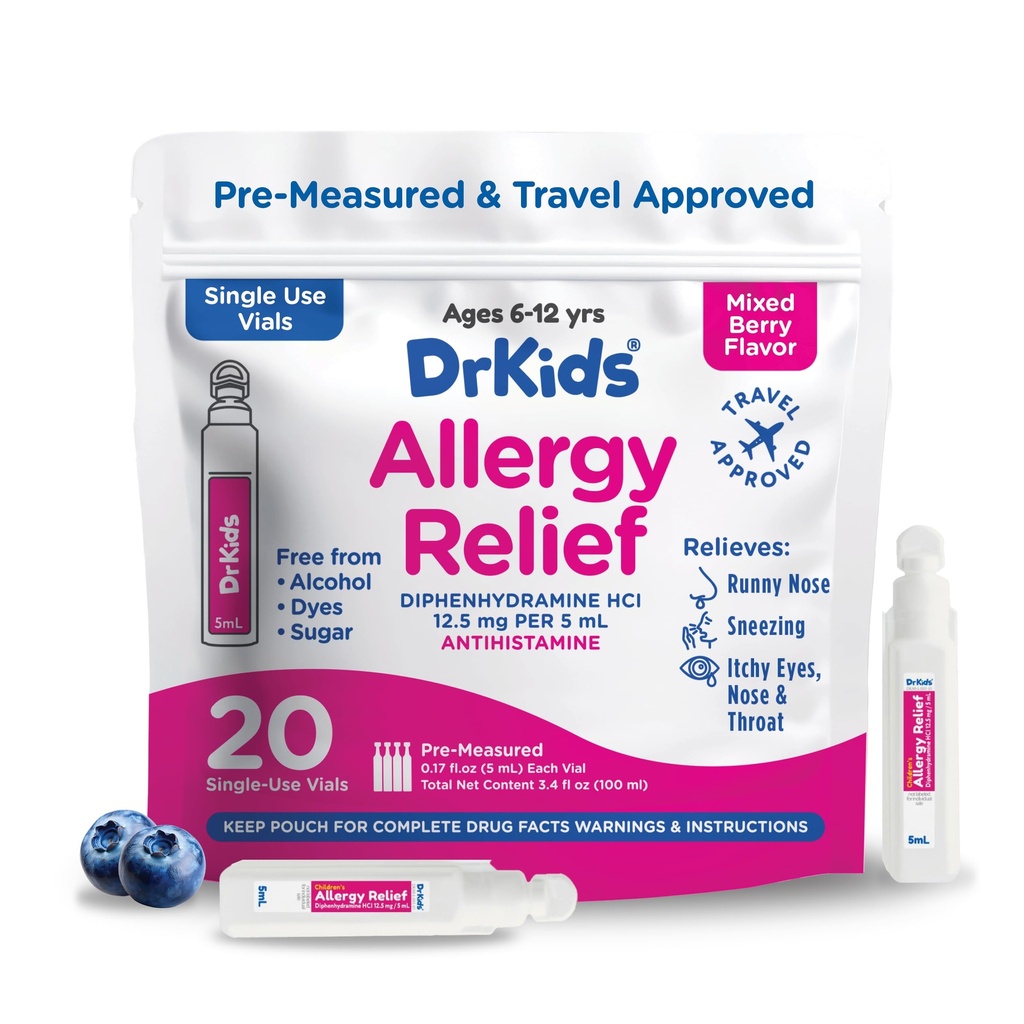Dr. Kids Children 's Allergy Relief Medicine with Diphenhydramin - Pre- Measured Single-Use Vials, Kids Antihistamin for nysen, Runny Næse & Itchy Eyes, Mixed Berry Flavor, 20 Greve (Pack of 1)