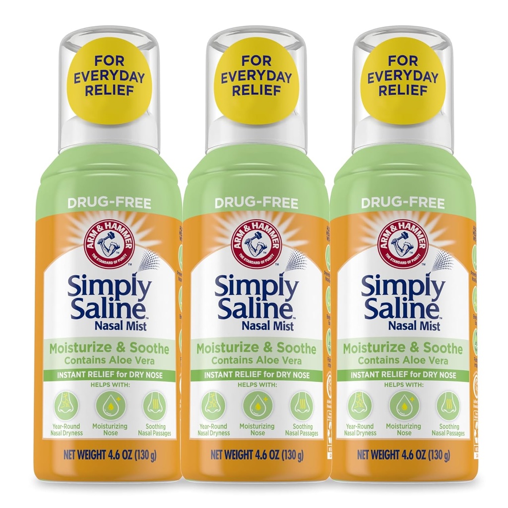 Arm & Hammer Simply Saline Moisturize & Sothe Nasal Mist, Drug- Free Moisturizing Saline Nasal Spray for Instant Relief for Dry Nose, 4.6 Oz (130 g), 3 Pack