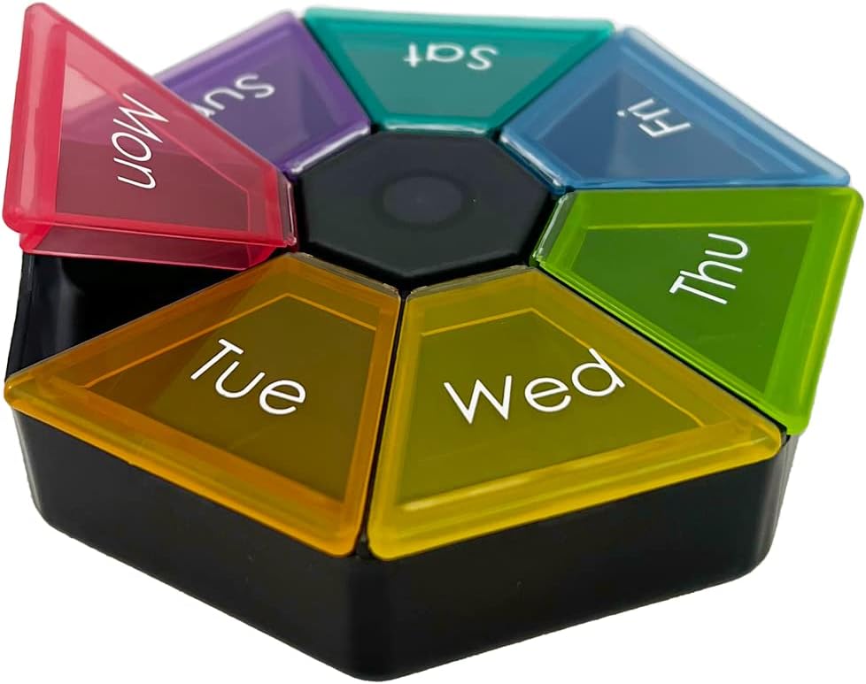 EZY DOSE Weekly Pill Organizer og Planner, Travel Pill Planner, 7-sidet, Rainbow Farver