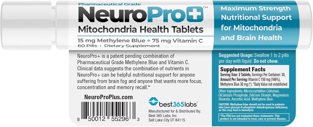 NeuroPro + - methylen blå og C kompleks - maksimal styrke Mitokondrier supporttablets - Hurtig fungerende mental Clarity Support - 60 tabletter