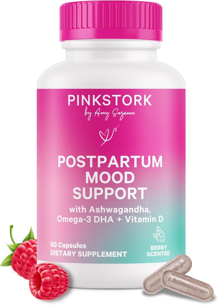 Pink Stork Postpartum Mood Support - Postnatal Hormone Balance for Women - Amning Friendly - Stress & Kognitiv Support, Ny mor Essentials - Ashwagandha, Kamille, & Vitamin D, 60 Kapsler