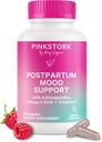 Pink Stork Postpartum Mood Support - Postnatal Hormone Balance for Women - Amning Friendly - Stress & Kognitiv Support, Ny mor Essentials - Ashwagandha, Kamille, & Vitamin D, 60 Kapsler