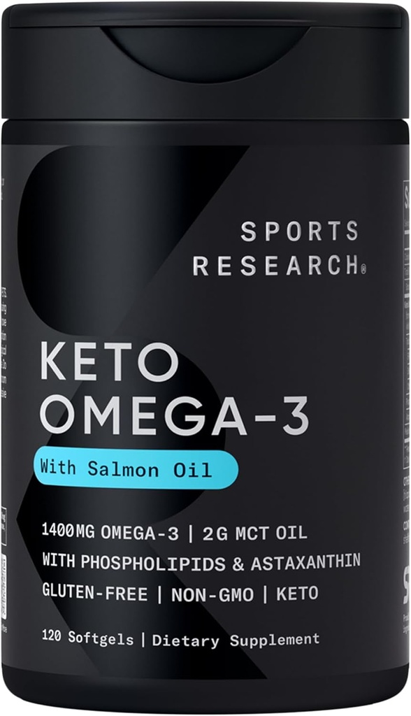 Sports Research ® Keto Omega Fish Oil 1400mg - Fuld Spectrum Omega-3 Blend med Astaxanthin & Coconut MCT Oil - Keto Certified, Soy & Gluten- Free (120 Softgels)