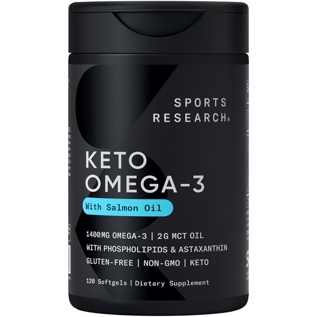 Sports Research ® Keto Omega Fish Oil 1400mg - Fuld Spectrum Omega-3 Blend med Astaxanthin & Coconut MCT Oil - Keto Certified, Soy & Gluten- Free (120 Softgels)