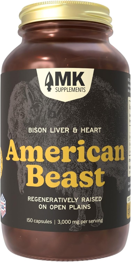 MK Kosttilskud American Beast, Bison orgel supplement til atleter, understøtter styrke, Endurance & Recovery, Freeze- Tørret, Non- GMO, Bison lever & Bison Heart, 30 Servere (3.000 mg hver)