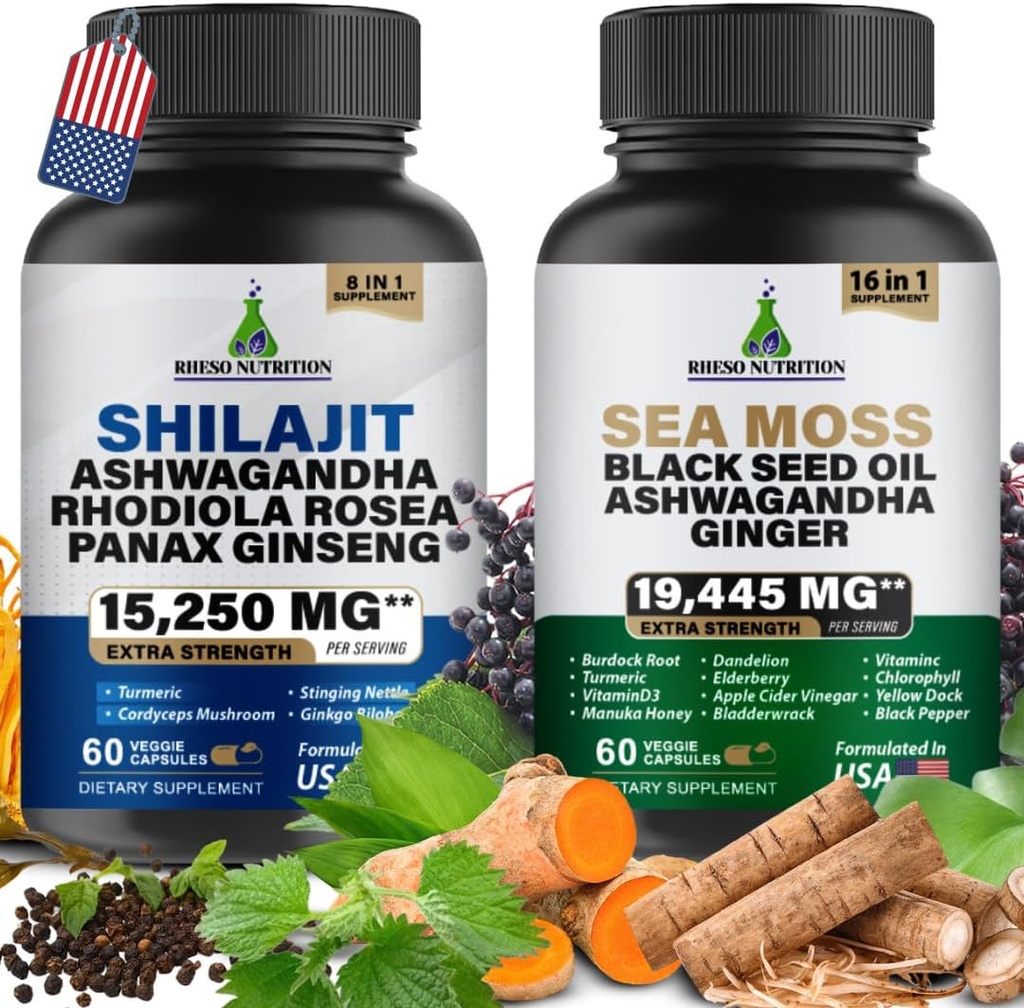 Sea Moss & Shilajit Multivitamin Bundle - Sea Moss 7000mg, Shilajit 9000mg, Black Seed Oil Azermg, Ashwagandha 2000mg, Ginger & Rhodiola Rosea 1000mg, Alle i 1 tillæg