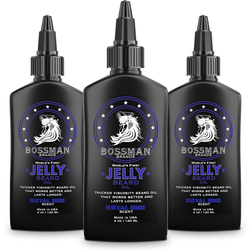 Bossman Jelly Beard Oil til mænd - 3 Pack (12 oz i alt, Royal Oud Duft) - Softens, Fugt & Betingelser med naturlige ingredienser