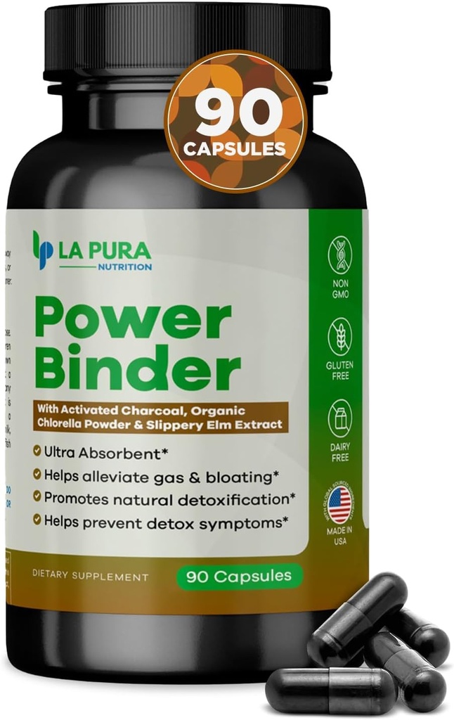 LaPura Power Binder Blend - Detox & Rengøring med aktiveret Charcoal, Organic Chlorella Powder & Slippery Elm Extract - Hjælper Allevate Gas & Bloating - fremmer naturlig afgiftning - 90 Kapsler