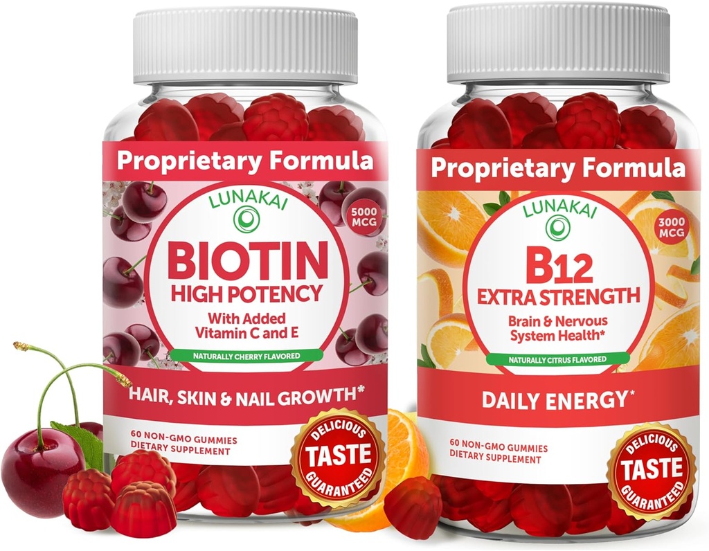 Lunakai Biotin og vitamin B12 Gummies Bundle - Hår hud og negle Vækst Gummies med C-vitamin og E - Non- GMO & Vegan Supplement for energistøtte og ben sundhed - 30 dages forsyning