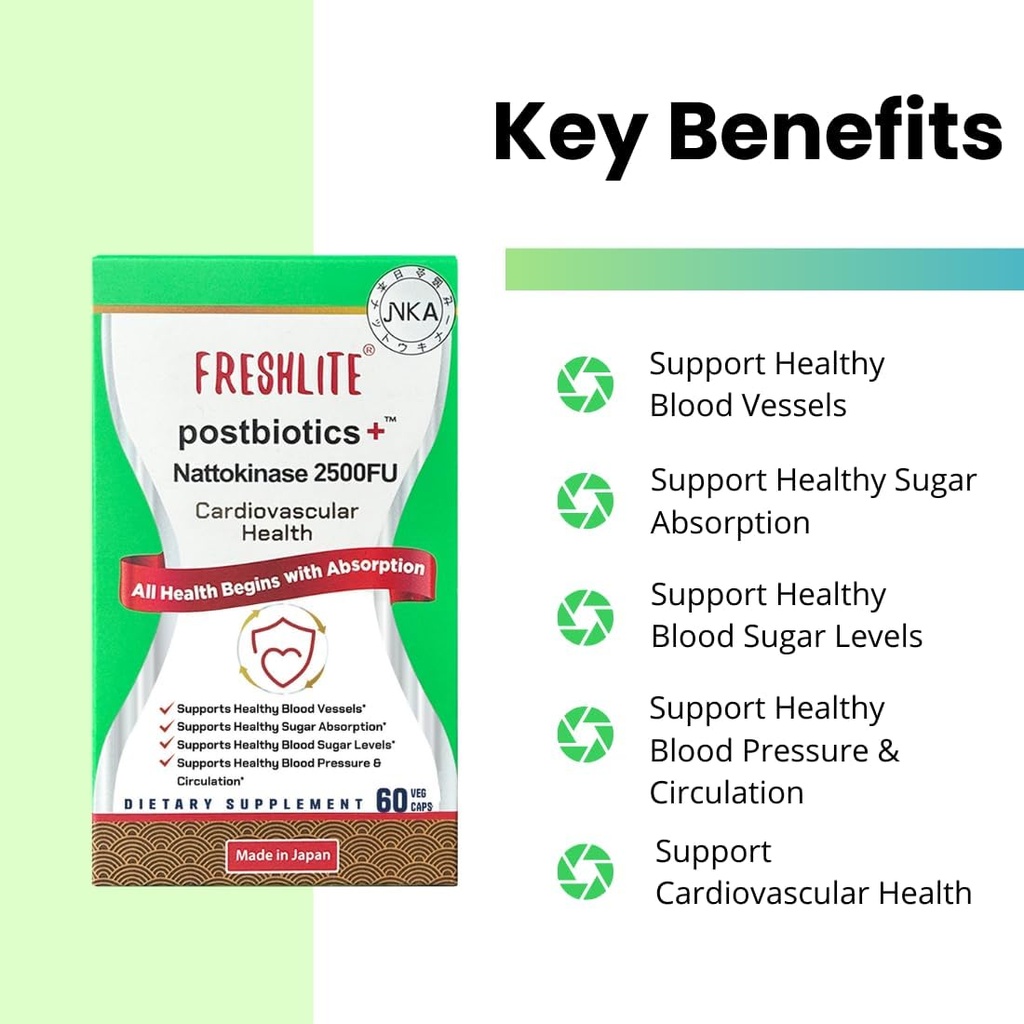 FRESHLITE 2500FU Premium NSK- SD Natokinase & Vegan Postbiotika til Cardiovaskulær Support 124; Blodtryk, Cholesterol & Heart Health