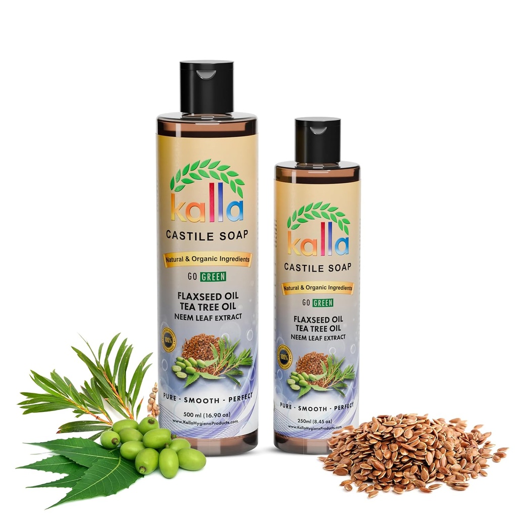 Kalla Organic Flaxseed Castilla Soap100% Pure Castilla Liquid Sæbe Neem blad Ekstract- 250ml, Certified Cold Pressed Virgin Coconut Oil, Tea Tree essentiel Castilla Gluten Free Hand