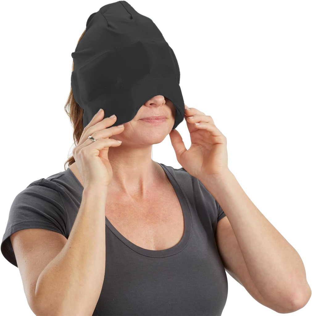 Aculief Ice Therapy Cap - justerbar Cotton- Spandex Fit & Neck Cooling - Soft Cotton- Spandex Sleep Cap med Eye Mask - pakke med 1, sort