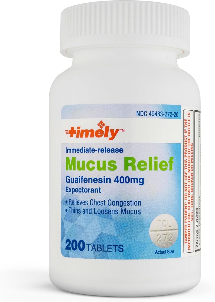 TIME-CAP LABS, INC. Timely Mucus Relief Guaifenesin 400mg 200 Tablets - Øjeblikkelig frigivelse Mucus Phlegm Relief - Expectorant for Mucus Removal, Chest Congestion, Flu, Colds, Allergier